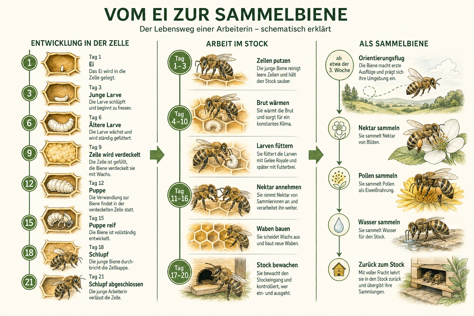 Schematische Darstellung der Entwicklung einer Arbeiterin vom Ei über Larve und Puppe bis zu ihren Aufgaben im Stock und als Sammelbiene