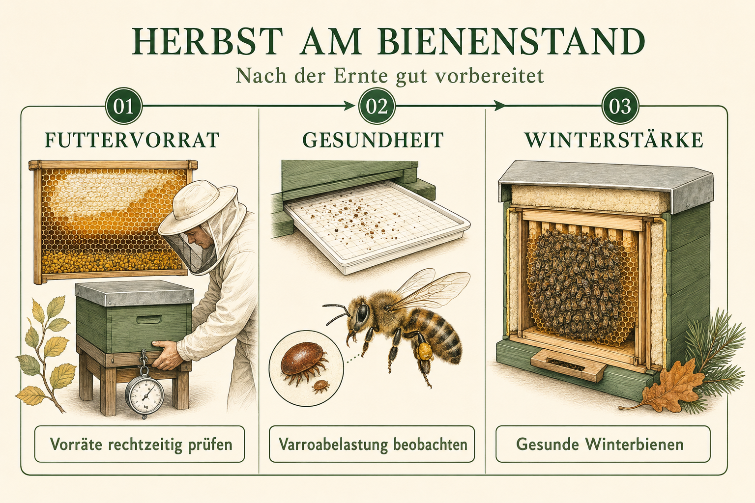 Schematische Lehrtafel zu Futtervorrat, Bienengesundheit und Winterstärke im Herbst