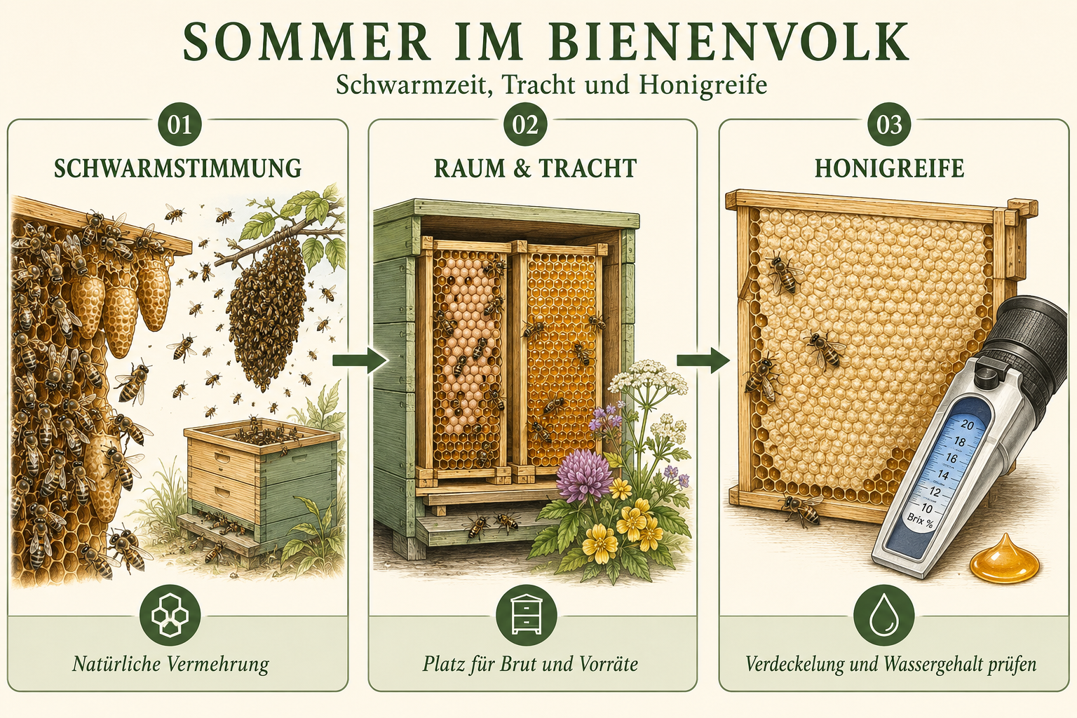 Schematische Lehrtafel zu Schwarmstimmung, Tracht und Honigreife im Sommer