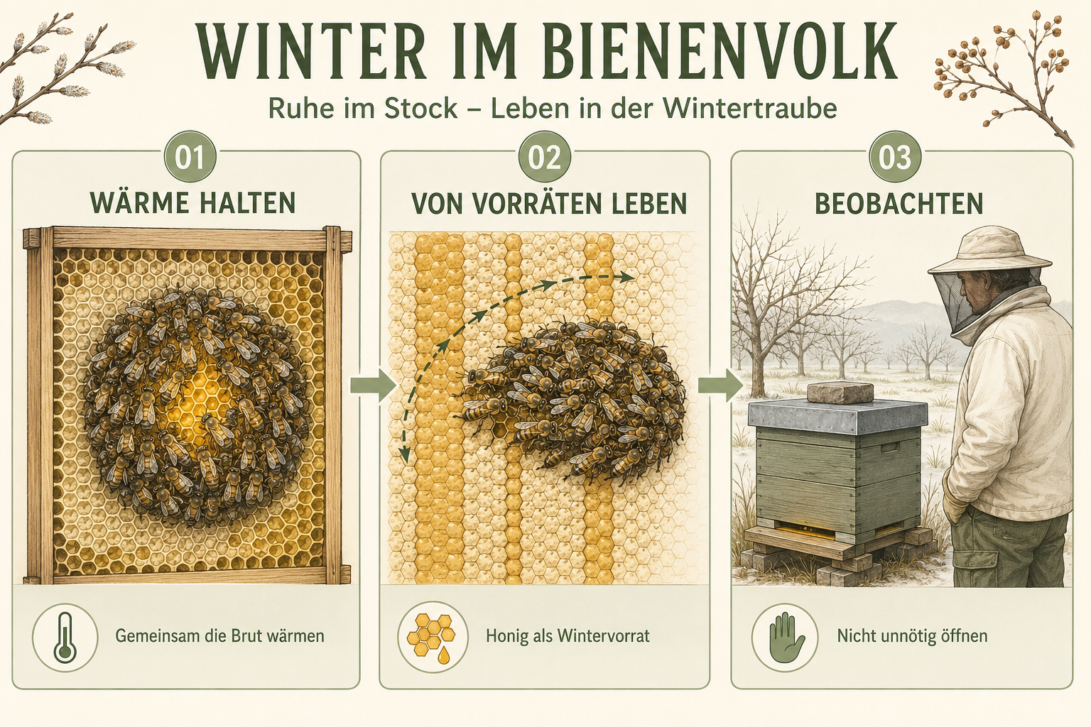 Schematische Lehrtafel zur Wintertraube, zu Futtervorräten und ruhiger Kontrolle im Winter